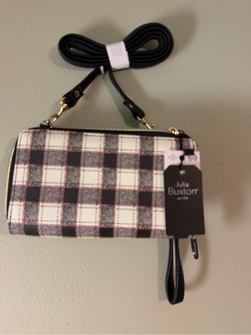 Buxton Black and White Plaid Crossbody Wallet